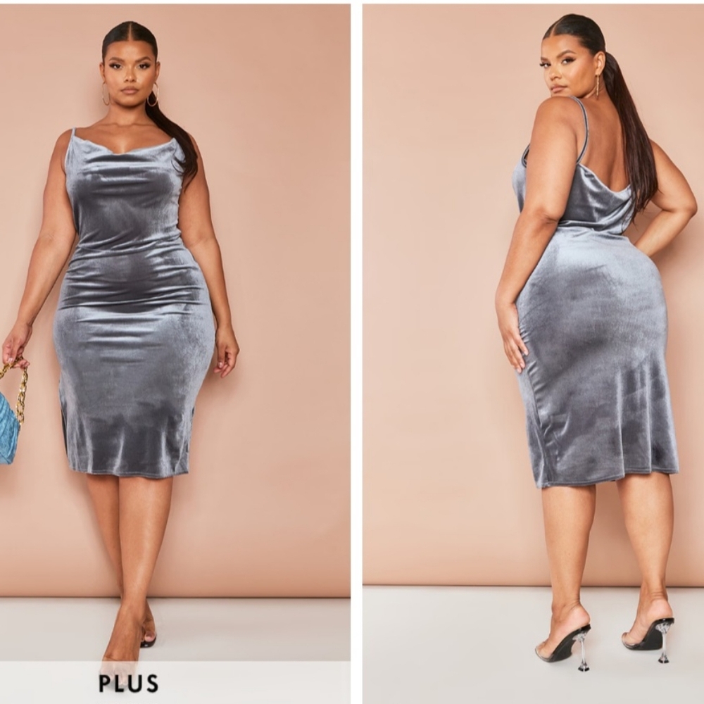 Plus Silver Cowl Neck Velvet Midi Dress